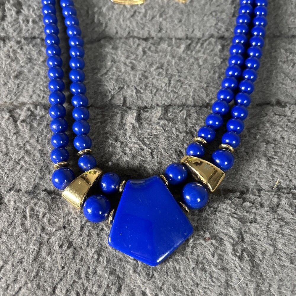 VTG Cobalt Blue Beaded Necklace And Earrings - Picture 4 of 4